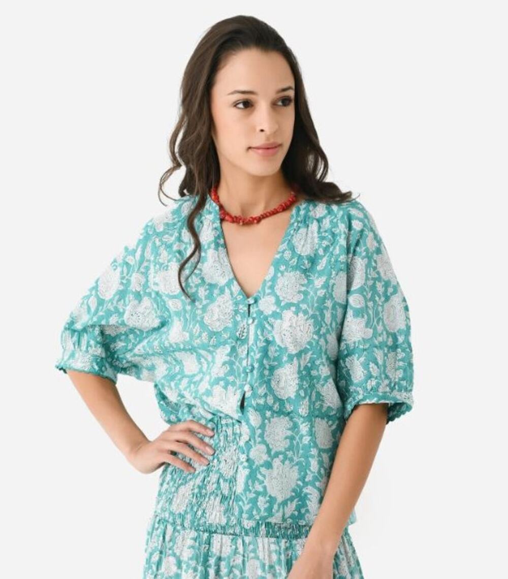 Stark X Be Floral Teal White 100 Cotton Blouse S St. Bernard $154